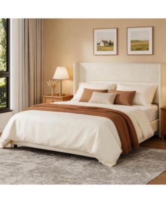 Full Velvet Bed Frame with Wingback Headboard, Upholstered Platform Bed with Wood Slats, No Box Spring Needed