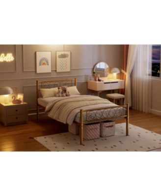 Twin XL Upholstered Platform Bed Frame with Headboard, Underbed Storage Space, Steel Slats Support,Easy Assembly