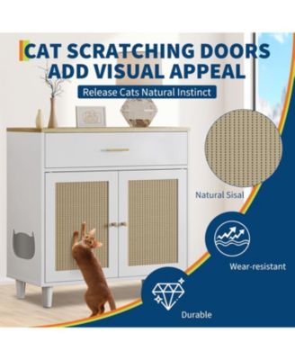 Hidden Cat Litter Box Enclosure Furniture, 31.5" Wooden Dog Proof Cat Litter Box Enclosure Cabinet with Drawer and 2 Sisal Doors