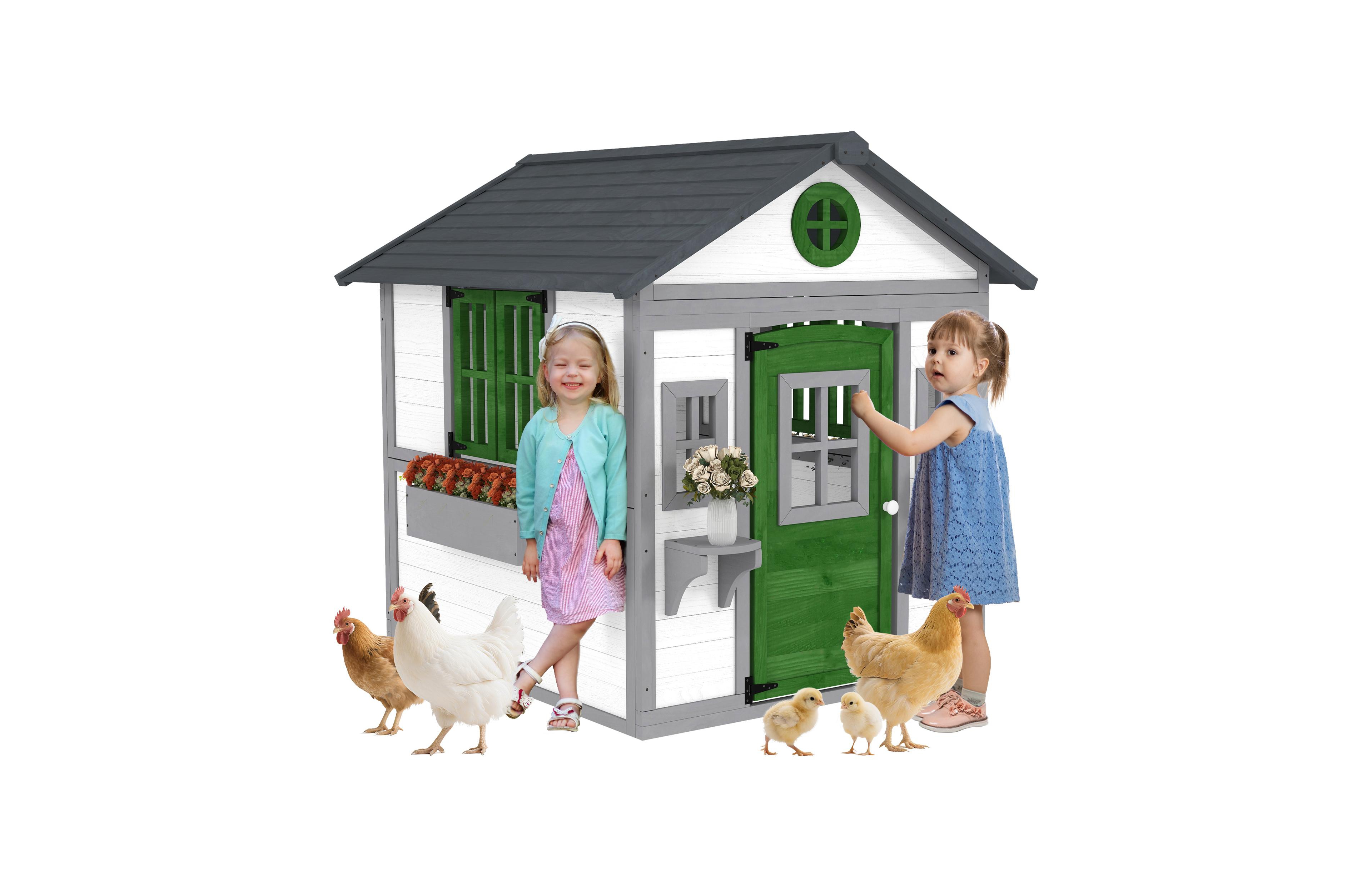 Outsunny Playhouse for Kids with Doors, Windows, Planter Pots and Boxes