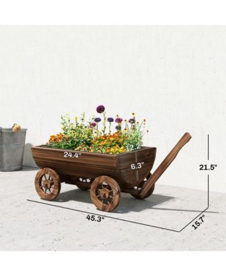 Wooden Wagon Planter Box, Mobile Garden Planter with 4 Wheels