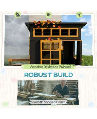 Kids Outdoor Playhouse, Wooden Kids Playhouse w/ Picnic Table