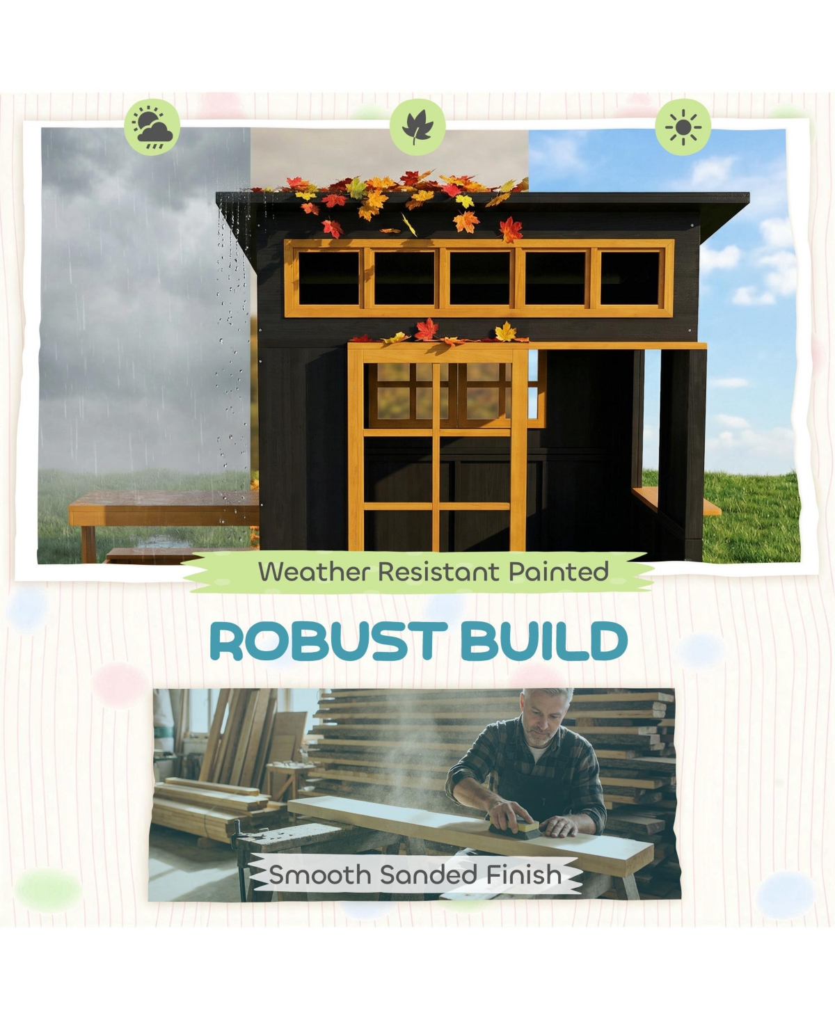 Qaba Kids Outdoor Playhouse, Wooden Kids Playhouse w/ Picnic Table