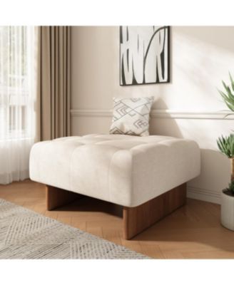Square Upholstered Tufted Linen Fabric Ottoman, Solid Wood Legs