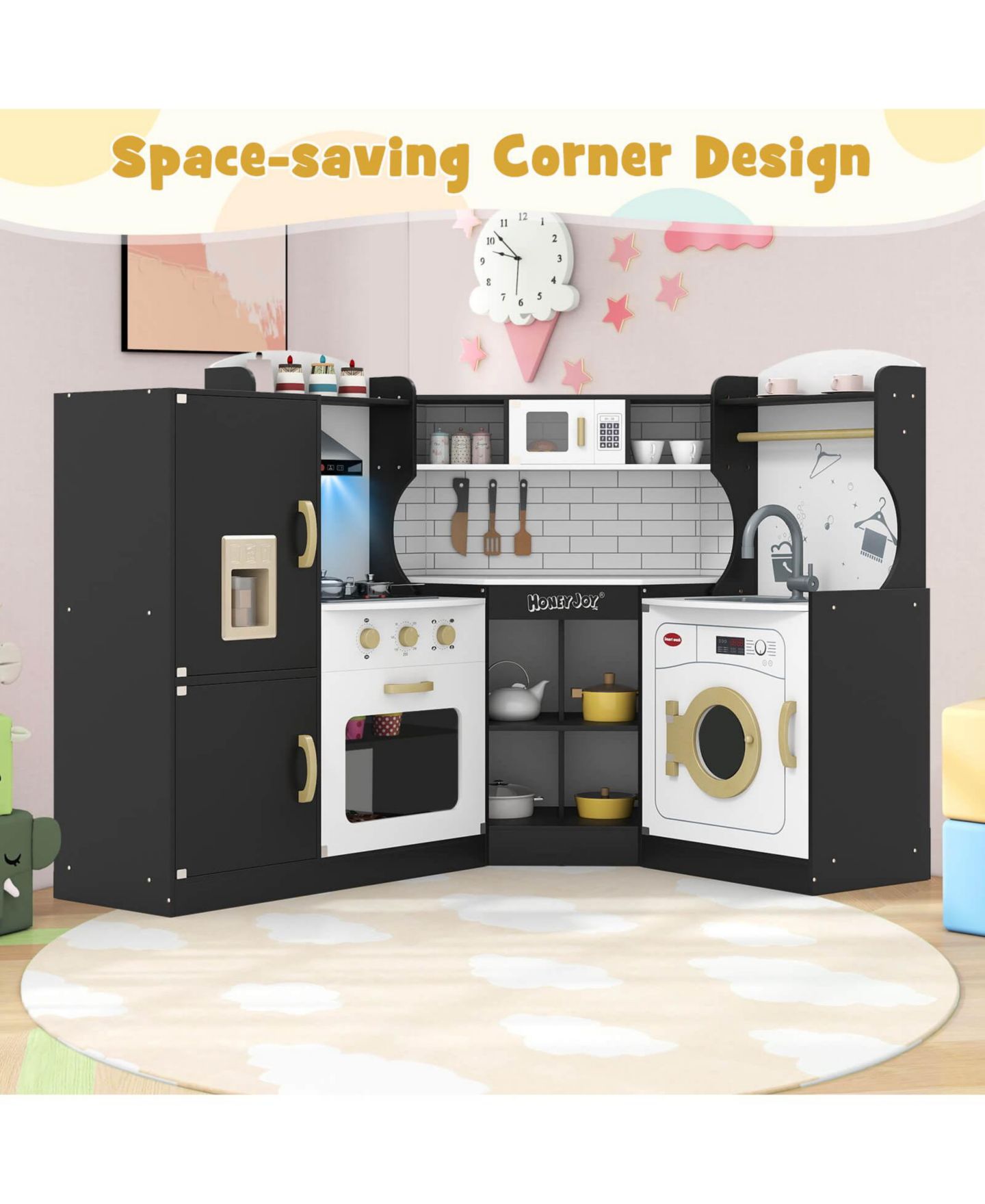 Детские игрушки Costway Corner Play Kitchen with Working Ice Maker, 13-Piece Set, Ages 3+, цвет: Чёрный — фото 7