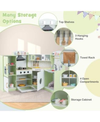 Corner Play Kitchen Toddler Kitchen Playset with Range Hood, Ice Maker, Microwave