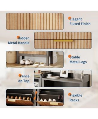 Narrow Fluted Shoe Storage Cabinet with 2 Flip Drawers and Legs