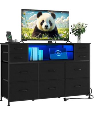 10 Fabric Drawers Dresser, Entertainment Center TV Stand with Power Outlet & LED Light for 45"-55" TV, Chest of Drawers with Wood