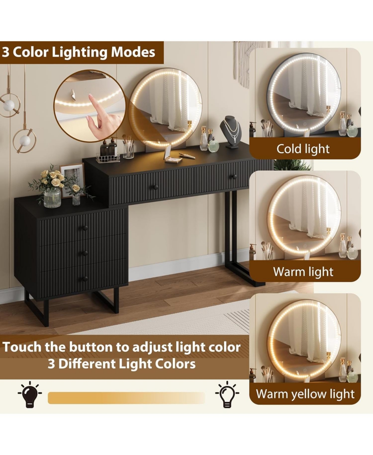 gaomon Vanity Desk with Mirror and Lights, Small Makeup Vanity with 5 Drawers for Bedroom, Modern Makeup Vanity Organizer