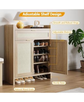 32” boho rattan shoe cabinet with doors and drawer, adjustable shelf, and wood finish—ideal as a coffee bar or accent console.