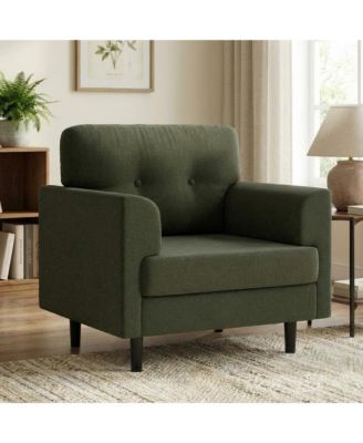 38" Mid Century Modern Green Chair, Tufted Linen, High-Density Foam, Ergonomic Arms, 350lbs, Living Room
