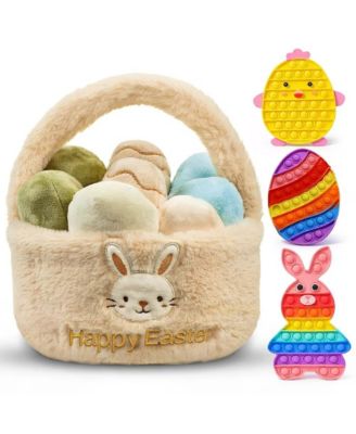 Toddler Easter Pop It & Plush Basket Bundle, Bunny, Chicken & Egg Rainbow Pop It Fidget Toys & Easter Egg Plush Basket Toy Set, Perfect Easter Gift