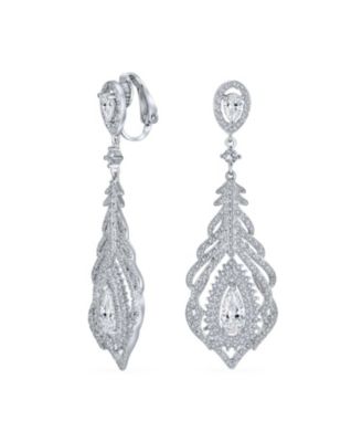 Art Deco Style Cubic Zirconia Leaf Teardrop Statement CZ Chandelier Clip On Earrings
