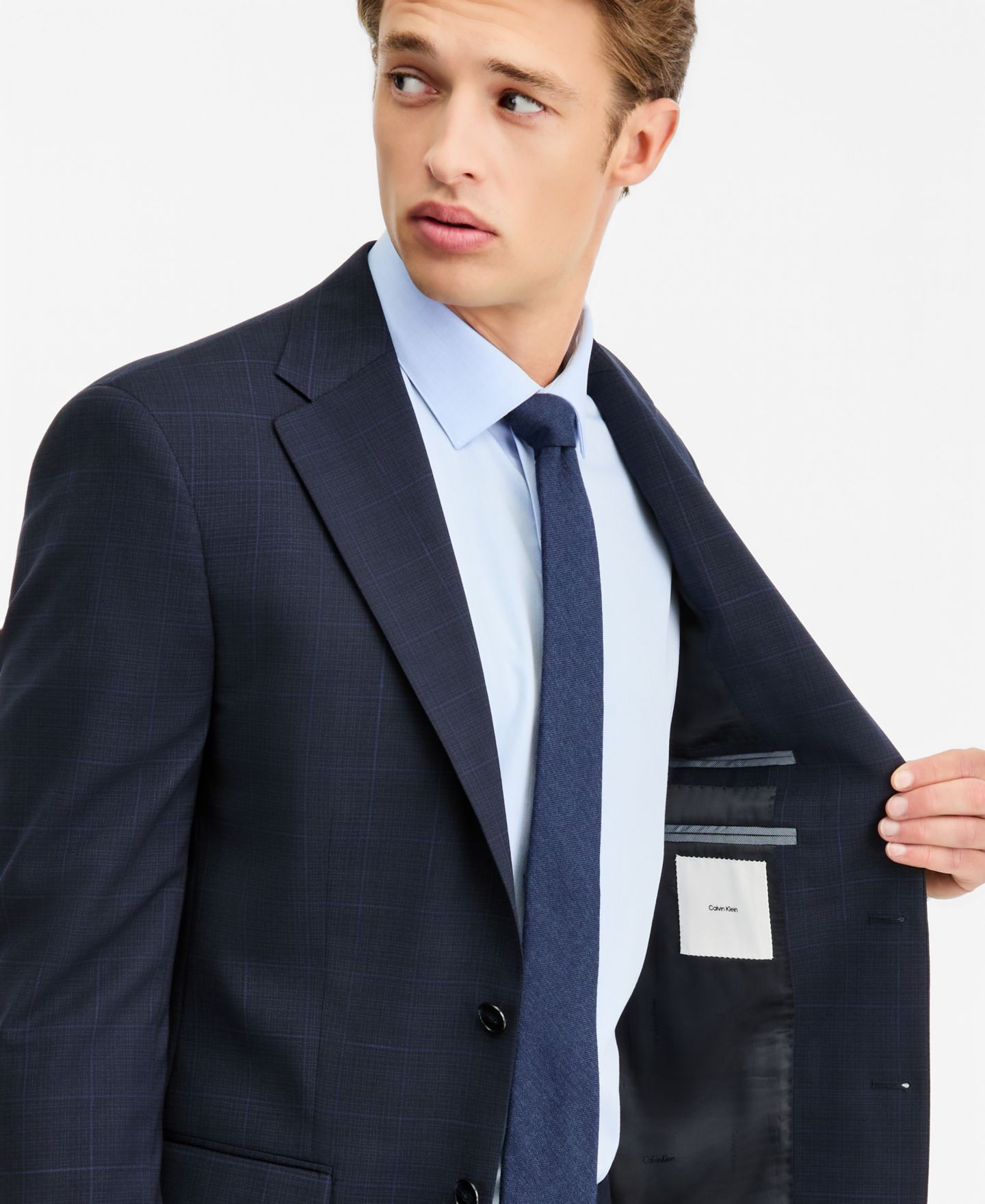 Мужской пиджак Calvin Klein Slim-Fit Wool-Blend Plaid Suit, цвет: Тёмно-синий клетчатый — фото 2
