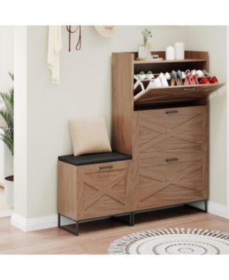 Farmhouse Entryway Shoe Cabinet with Bench - 4 Flip Drawers Reversible Cushion Large Storage
