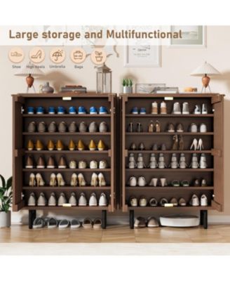 Narrow Freestanding 6-Tier Wooden Shoe Cabinet with Louvered Doors