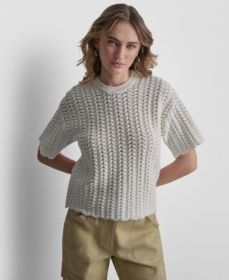 Women's Short-Sleeve Open Lattice Stitch Sweater