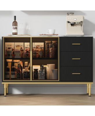 Buffet Sideboard Cabinet with Storage, 46.4" Large Fluted Kitchen Sideboard Cabinet with 2 Glass Doors 3 Drawers and Shelves