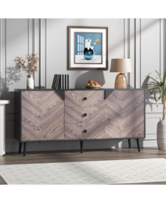 55 Point 1 Inch 3 Drawer Storage Cabinet with Adjustable Shelf and Doors Modern Sideboard Buffet Cabinet for Dining Room