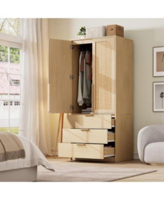 Armoire Wardrobe Closet with 3 Drawers & 2 Doors, Modern Wooden Wardrobe Cabinets for Hanging Clothes, Tall Standing Bedroom
