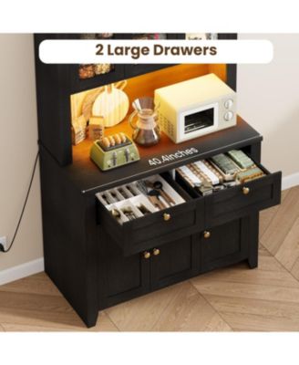 66" Tall Kitchen Pantry Cabinet, Modern Kitchen Hutch with Charging Station, Large Coffee Bar Storage Cabinet with Glass Doors and Drawers