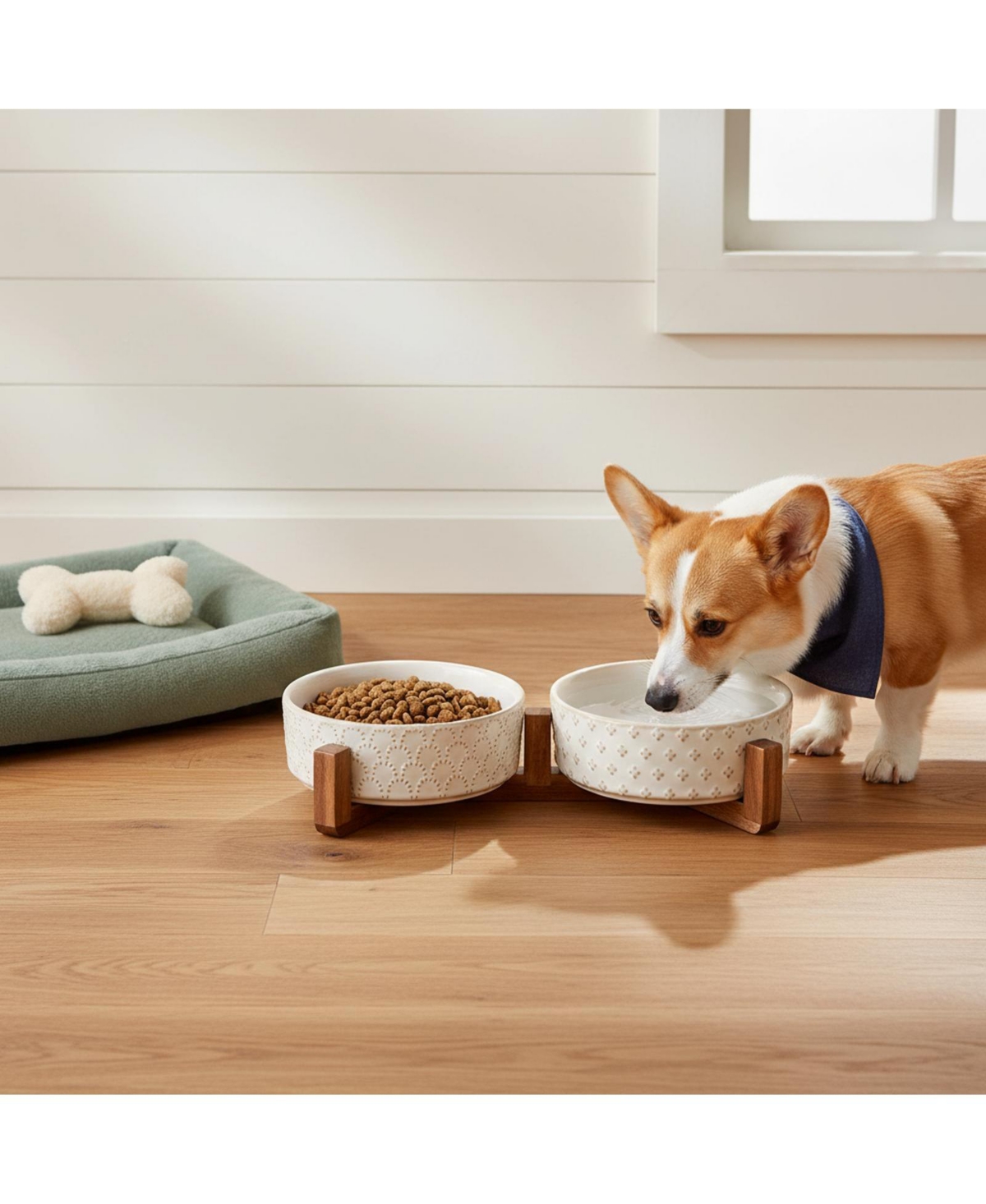 Aronkl Ceramic Dog Bowl Set with Wood Stand Dual Food Water Weighted Non-Slip Base