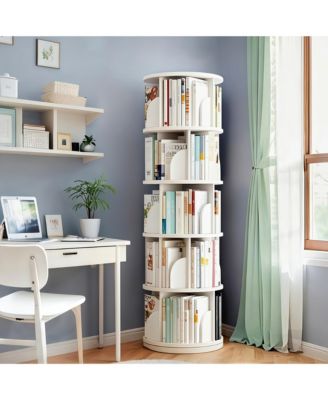 5 Tier Wooden Rotating Round Spinning Bookshelf Tower Storage Organizer