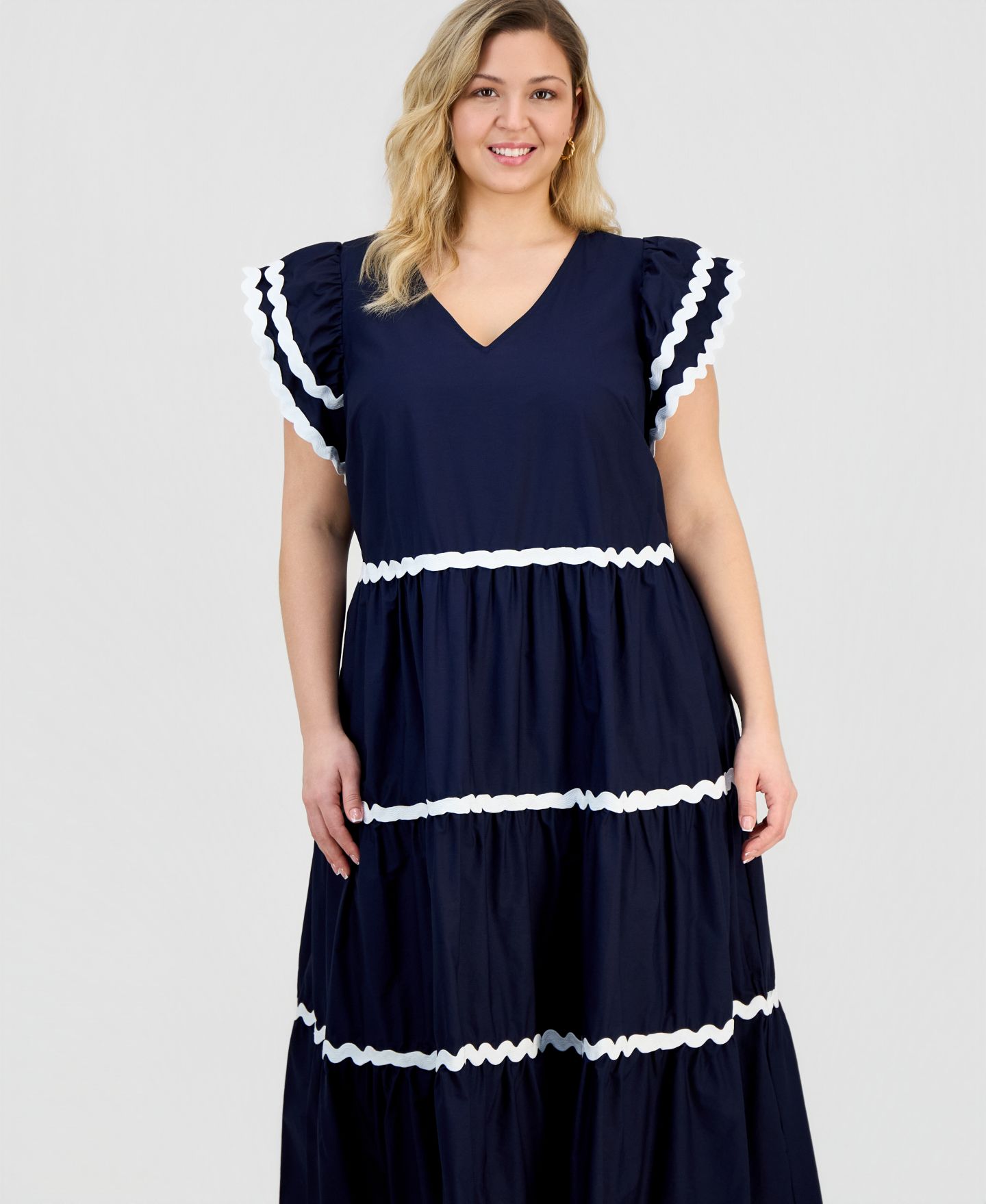 Женское платье Robbie Bee Plus Size V-Neck Flutter-Sleeve, цвет: Тёмно-синий — фото 2