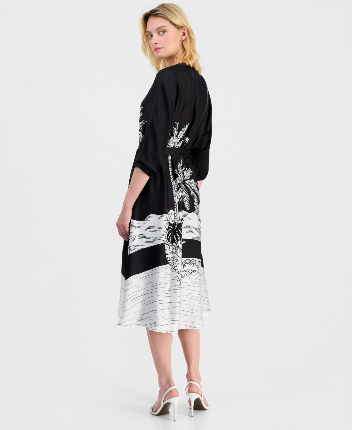 T Tahari Women's Elbow-Sleeve Split-Neck Midi Dress