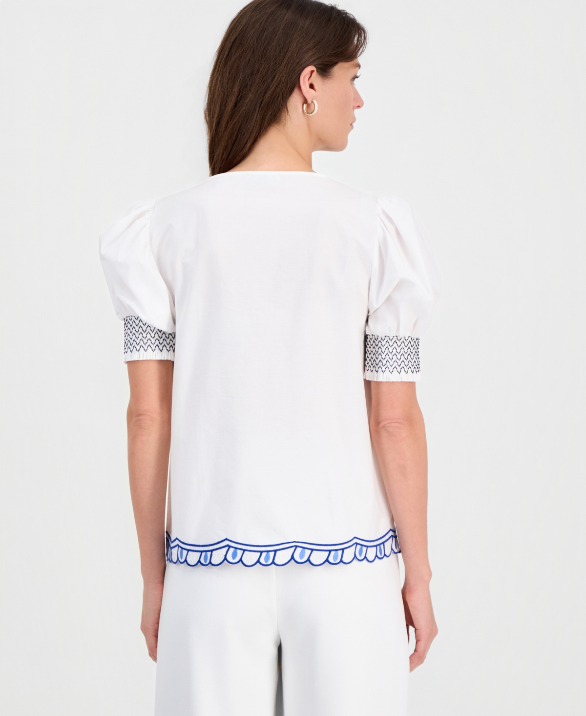 T Tahari Women's Cotton Embroidered-Trim Split-Neck Top