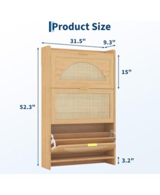 Rattan Shoe Storage Cabinet Flip Drawers, Free Standing Narrow Shoe Organizer Cabinet with Rattan Doors, Wooden Shoe Rackf