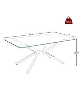 Rectangular Clear Tempered Glass Coffee Table with Adjustable Feet and Metal Legs for Living Room (Silver + Clear Glass)