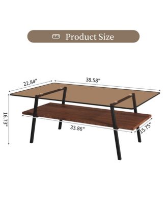 Rectangle Coffee Table, 2 Tier Center Table with Clear Tempered Glass Top and Metal Legs for Living Room