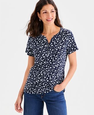 Women's Printed Short-Sleeve Henley Top