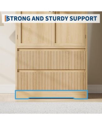 Armoire Wardrobe Closet with 2 Glass Doors and 2 Fluted Drawers, Wooden Wardrobe Storage Cabinet Closet with Hanging Rod and Shelves
