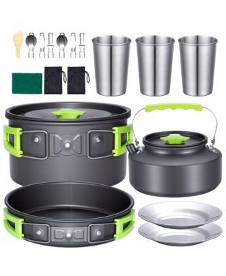 20 Piece Camping Cookware Mess Kit with Kettle Pots Pan Plates Cups and Cutlery for 1 to 2 People