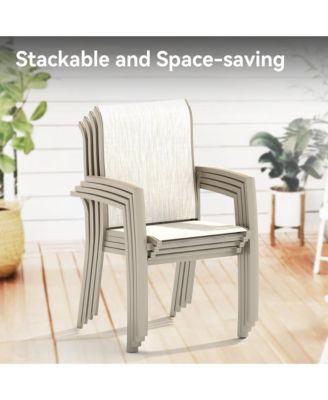2-Piece Stackable Outdoor Dining Chairs, Metal Frame with E-Coating, Textilene All-Weather Patio Chairs, Sandstone
