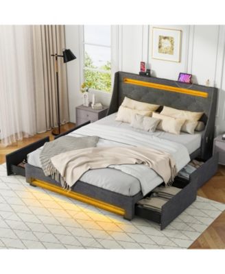 Queen Size Upholstered Platform Bed Frame with LED Lights and Charging Station
