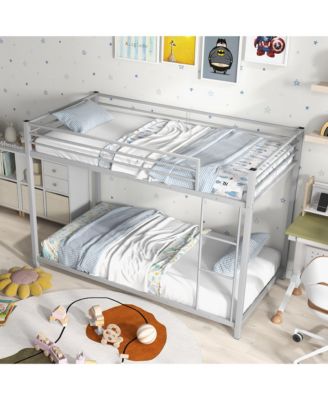 Twin Over Twin Low Metal Bunk Bed with Ladder Guardrails for Teens Adults