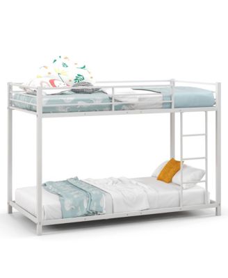 Twin Over Twin Low Metal Bunk Bed with Ladder Guardrails for Teens Adults