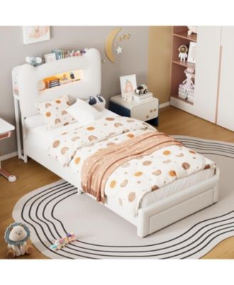 LED Bed Frame with 2-Tier Storage Headboard, Upholstered Platform Bed with Charging Station and Drawer, Metal Support, No Box Spring Needed