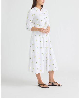 Women's Linen Belted Shirt Dress with Embroidery Detail