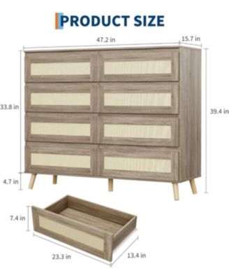 Rattan 8 Drawer Dresser for Bedroom, Wooden Dressers Chests of Drawers, Modern Farmhouse Storage Organizer for Closet, Entryway, Living Room