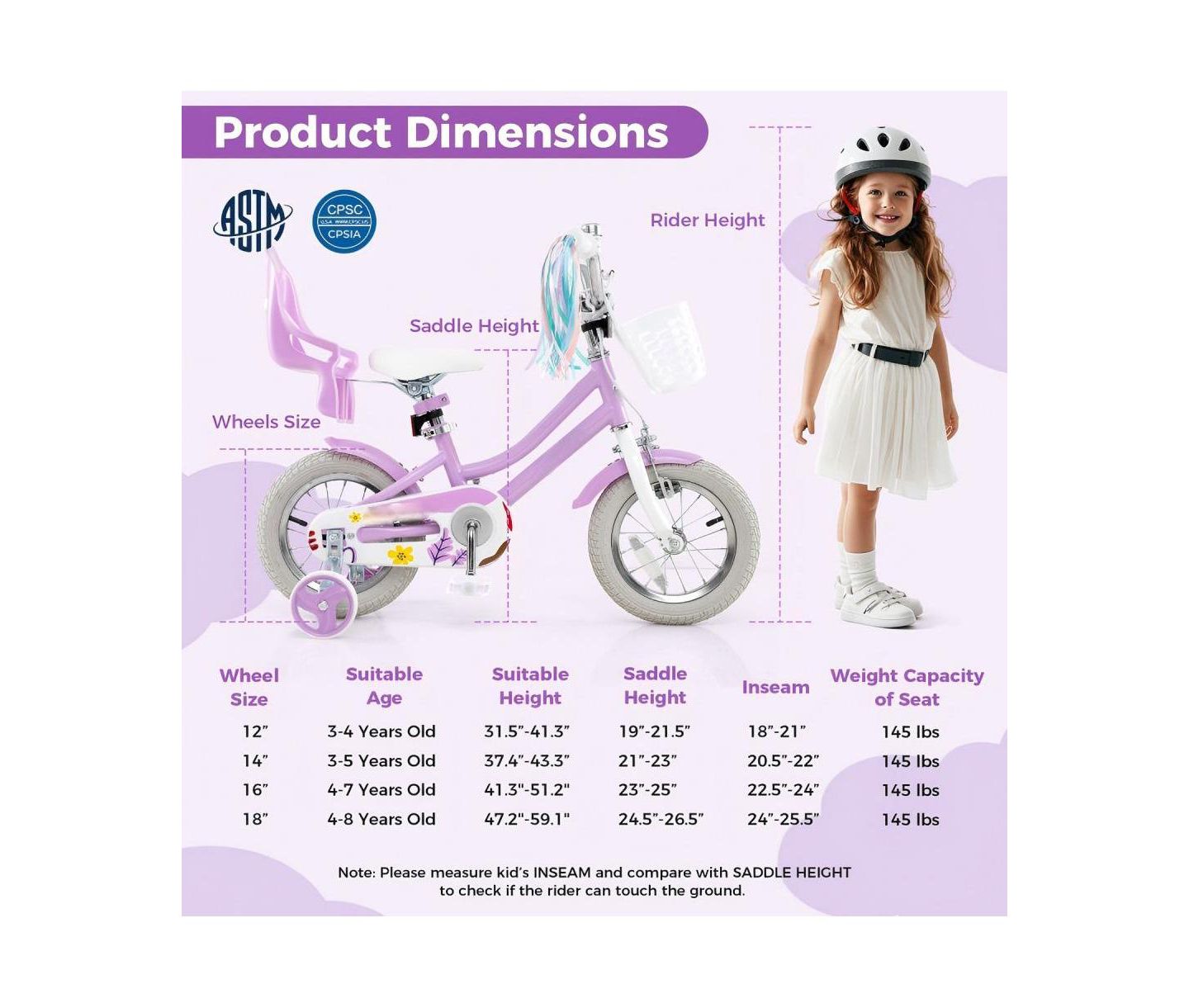 Детская игрушка HONGGE 12-Inch Bike with Doll Seat, Ages 3-8, цвет: Фиолетовый — фото 3