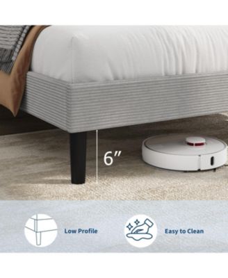  Bed Frame with USB Charging Station, Corduroy Upholstered Platform Bed Frame with Adjustable Storage Headboard, Wooden Slats Support