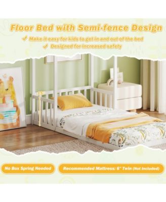 Twin Size House Bed with House Shape Roof and Semi-Fence