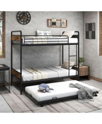 Twin Over Twin Metal Bunk Bed with Trundle, Ladder & Full Length Guardrails