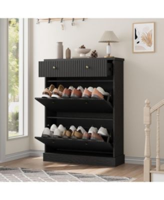 Fluted Shoe Cabinet with 2 Flip Drawers and 1 Top Drawer Narrow Wooden Cabinet with Adjustable Shelves Freestanding Shoe Organizer