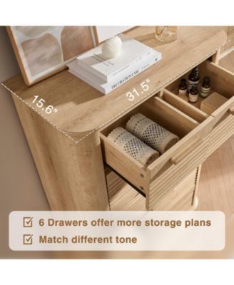 Modern 6 Drawer Dresser 45 Tall with Curved Profile Wood Fluted Chest for Bedroom Living Room Entryway