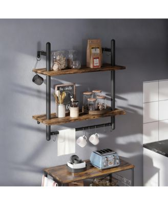 24" Floating Wall Shelves 2 Tier Industrial Coffee Bar With 8 Hooks Towel Bar
